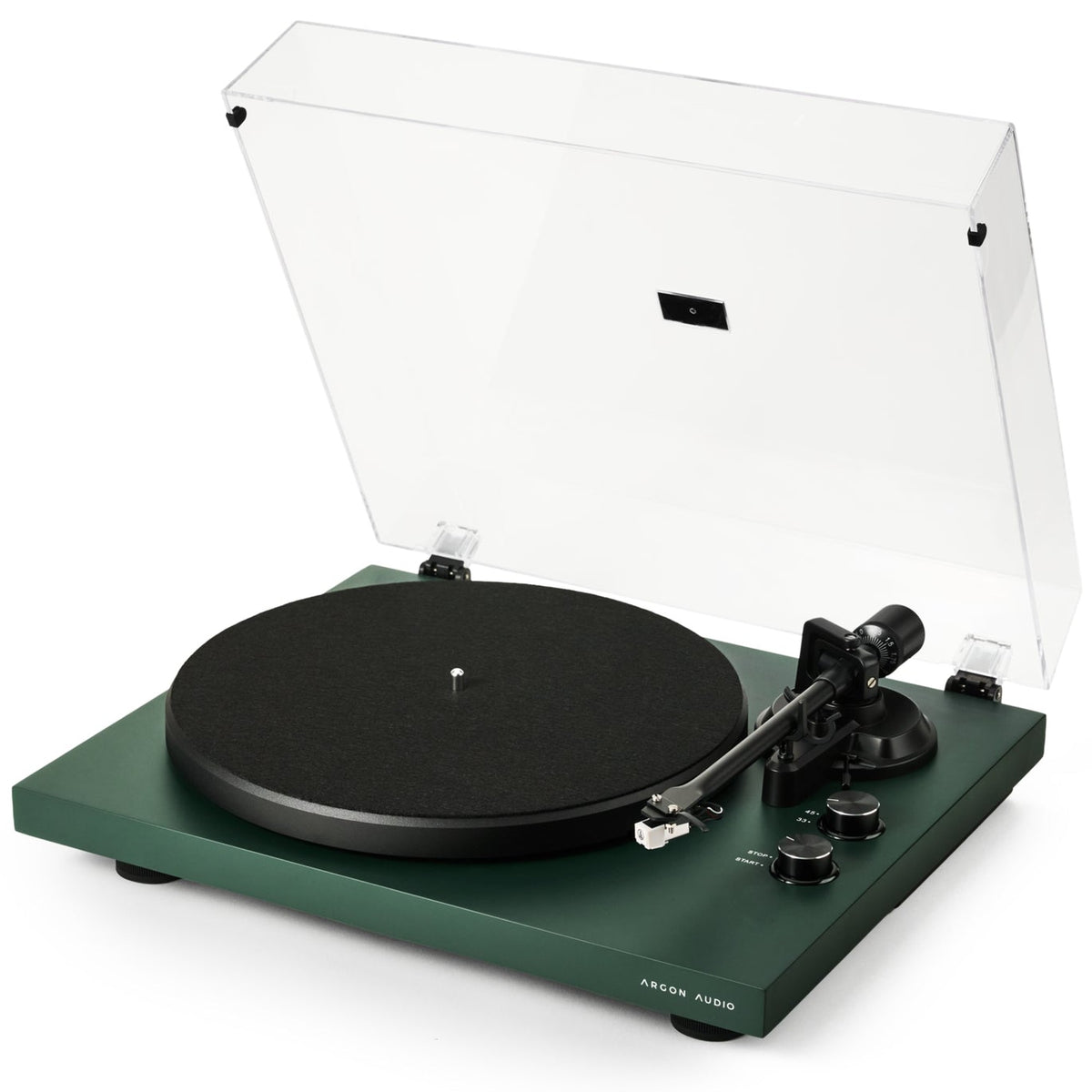 Argon Audio TT MK2 turntable in Pine Green, dust cover open