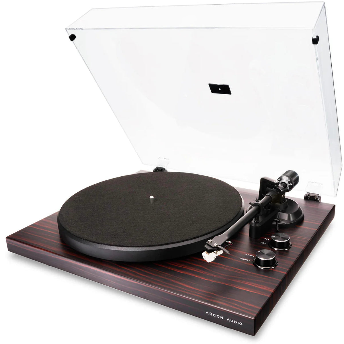 Argon Audio TT MK2 turntable in Satin Mahogany, dust cover open