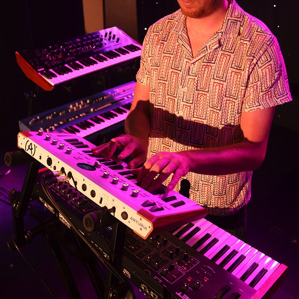 Top view of the Arturia AstroLab 37 performance keyboard with 37 keys and control knobs for music production.