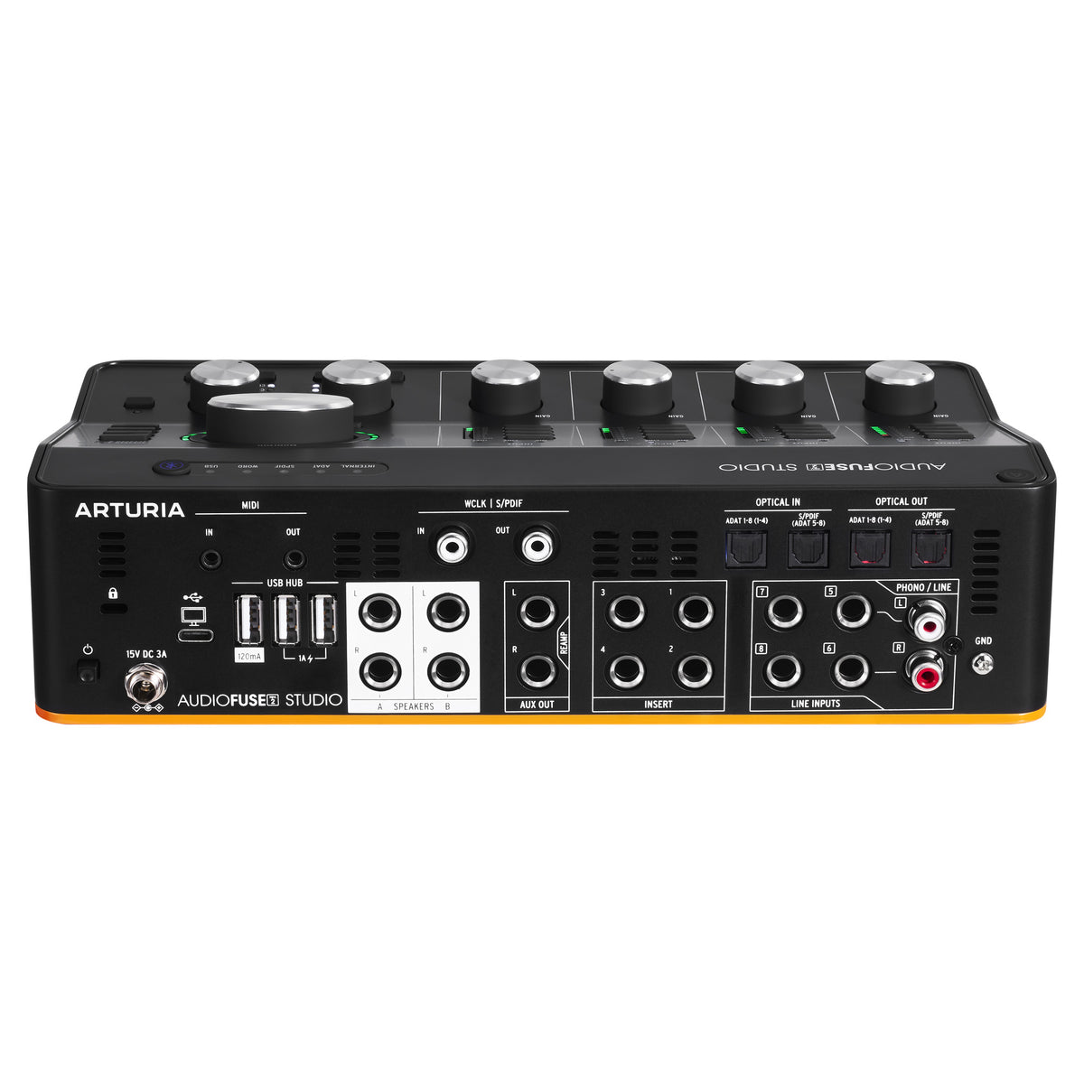 Arturia AudioFuse Studio Rev2 audio interface, rear panel with ADAT, S/PDIF, Word Clock, MIDI and USB-C