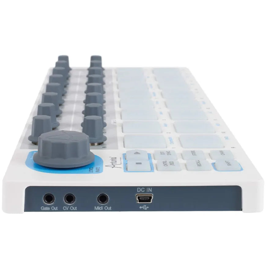 Arturia BeatStep sequencer with grid buttons and knobs, compact MIDI and CV controller for music production and live performance.