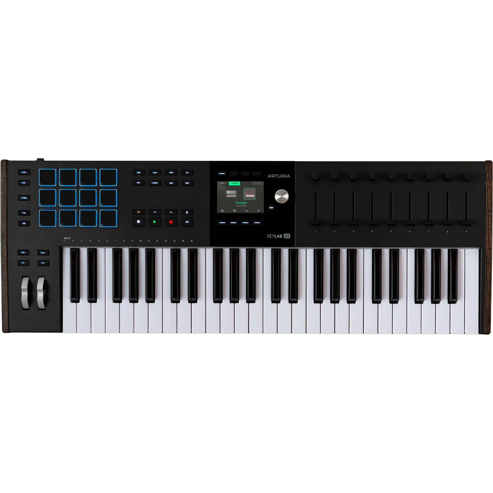 Arturia KeyLab 49 MK3 MIDI keyboard in black finish, angled view with control knobs and transport buttons