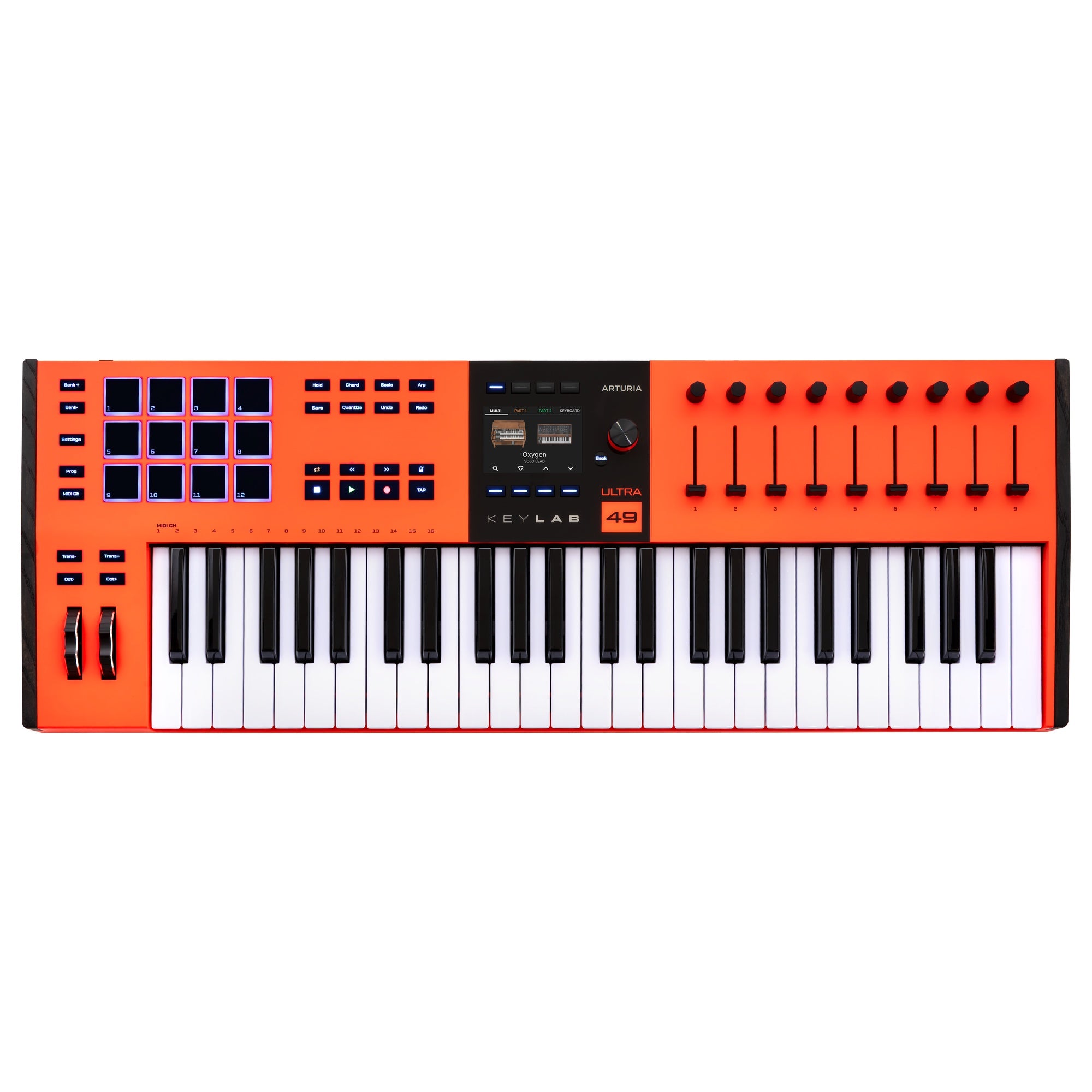 Arturia KeyLab 49 MK3 Ultra MIDI keyboard in orange finish, top view
