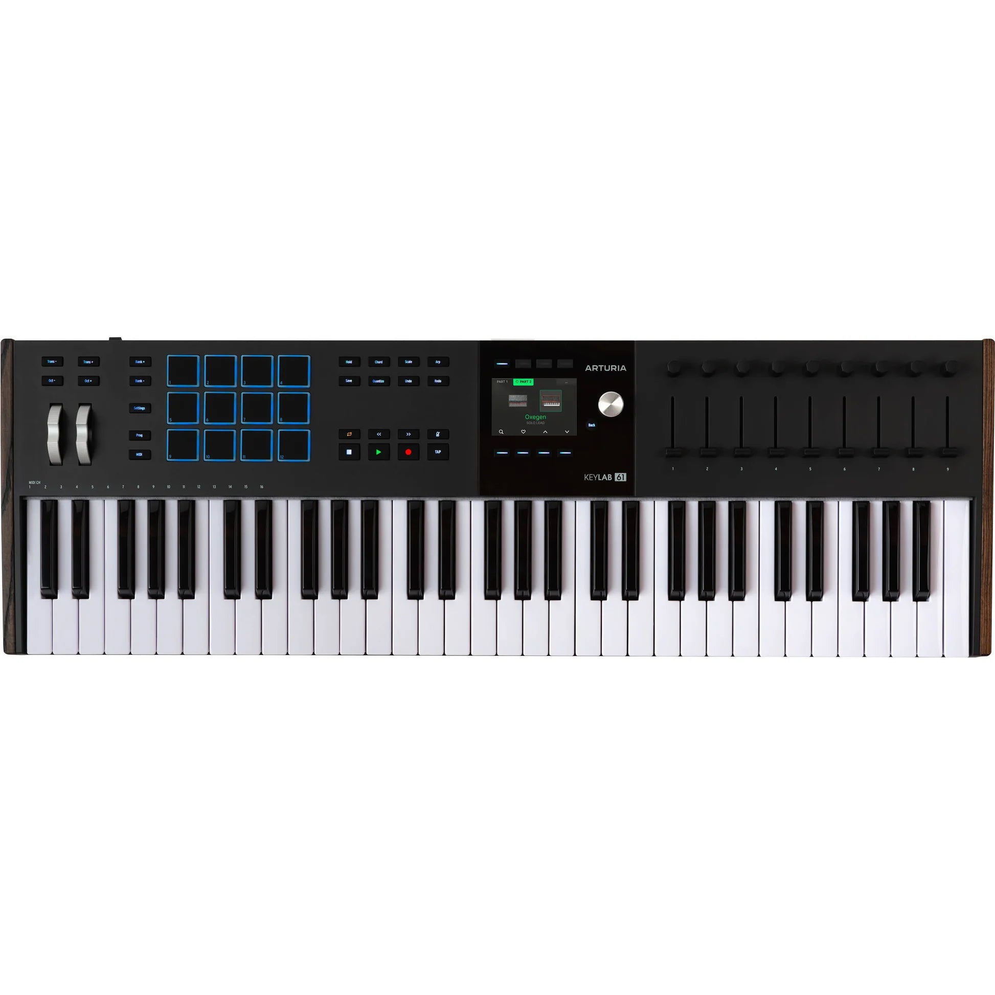 Arturia KeyLab 61 MK3 MIDI keyboard in black finish, angled view with pads and controls