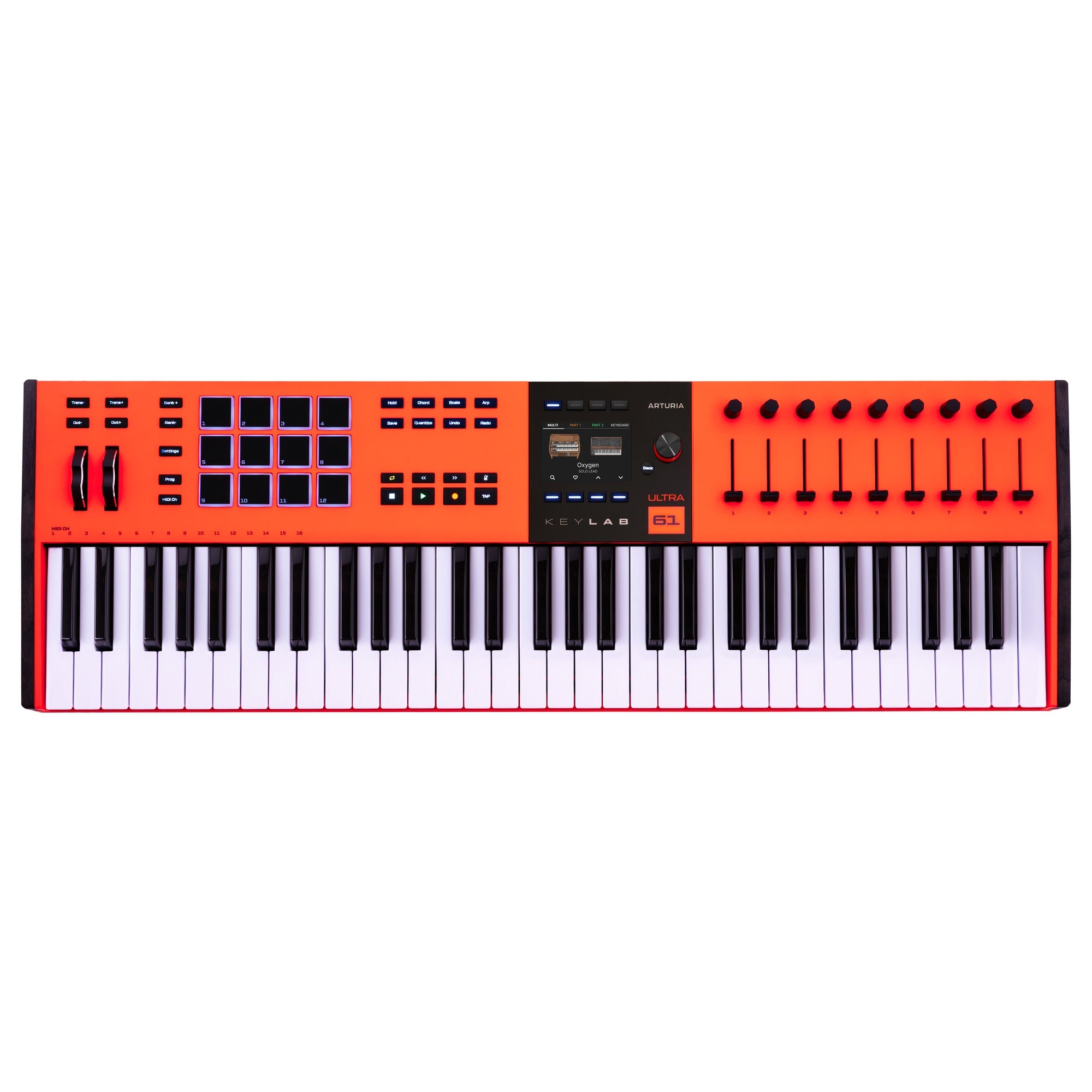 Arturia KeyLab 61 MK3 Ultra MIDI keyboard in orange finish, top view