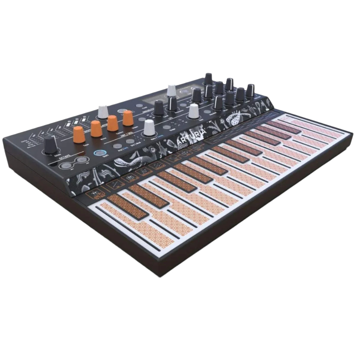 Arturia Microfreak synthesizer, hero angled view of keyboard and controls