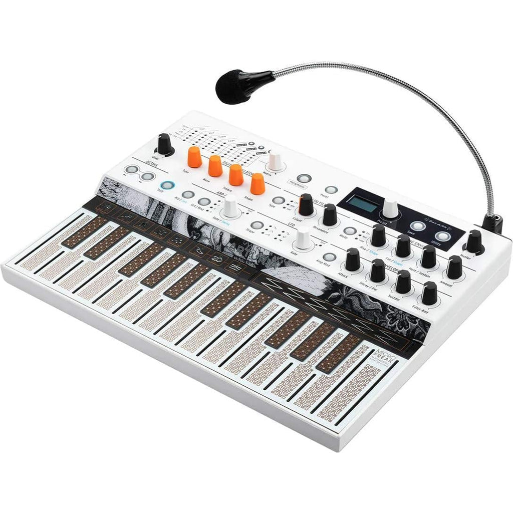 Arturia MicroFreak Vocoder Edition synthesizer with keyboard and control knobs, showcasing its sleek design and modern interface.