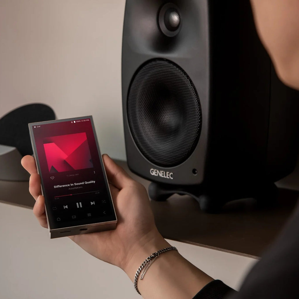 Astell&Kern PD10 portable music player with sleek black design and touch screen display, showcasing its compact and modern look.