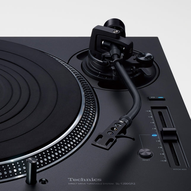 Technics SL-1210GR2 turntable with black matte finish, featuring tonearm and platter, designed for high-quality vinyl playback.