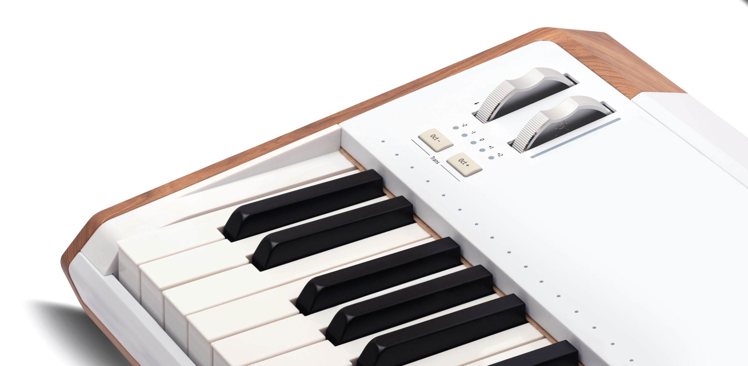 Arturia AstroLab 61 performance keyboard with white keys, zoom wheels, and control knobs, showcasing its sleek design.