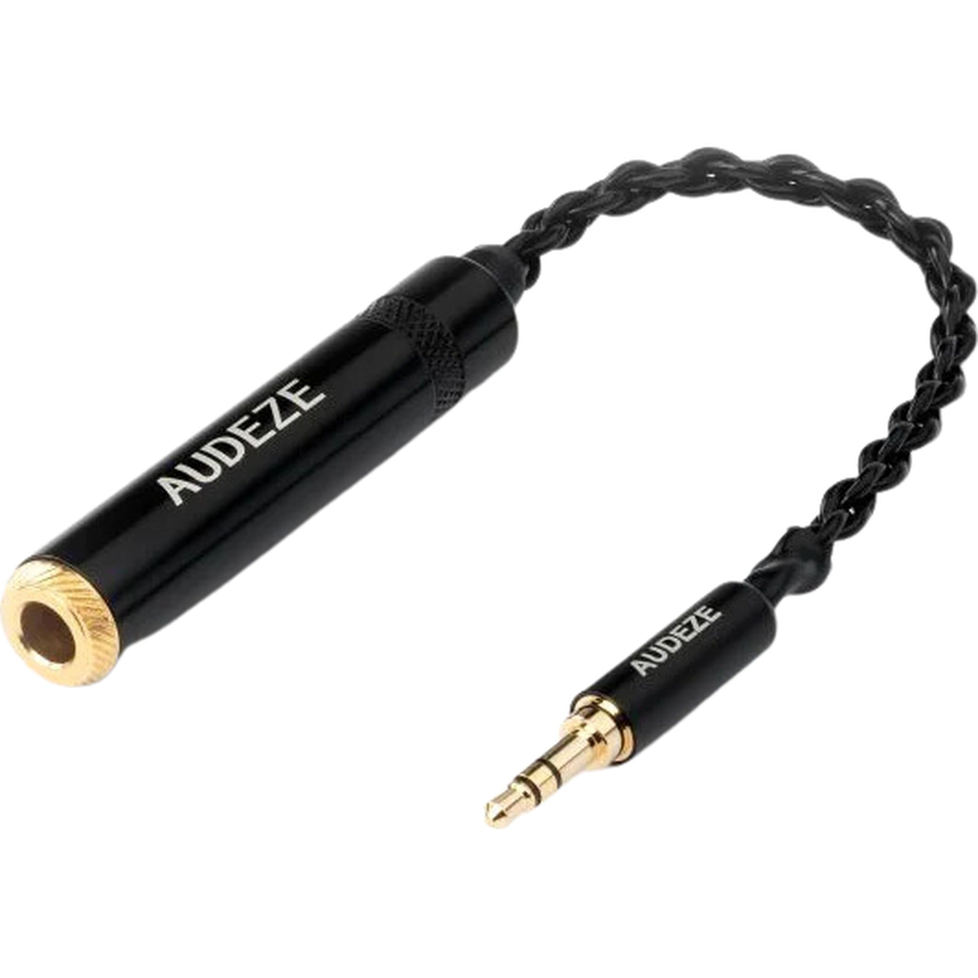 Audeze braided stereo headphone adapter with 1/4-inch to 1/8-inch connectors for high-quality audio connection.