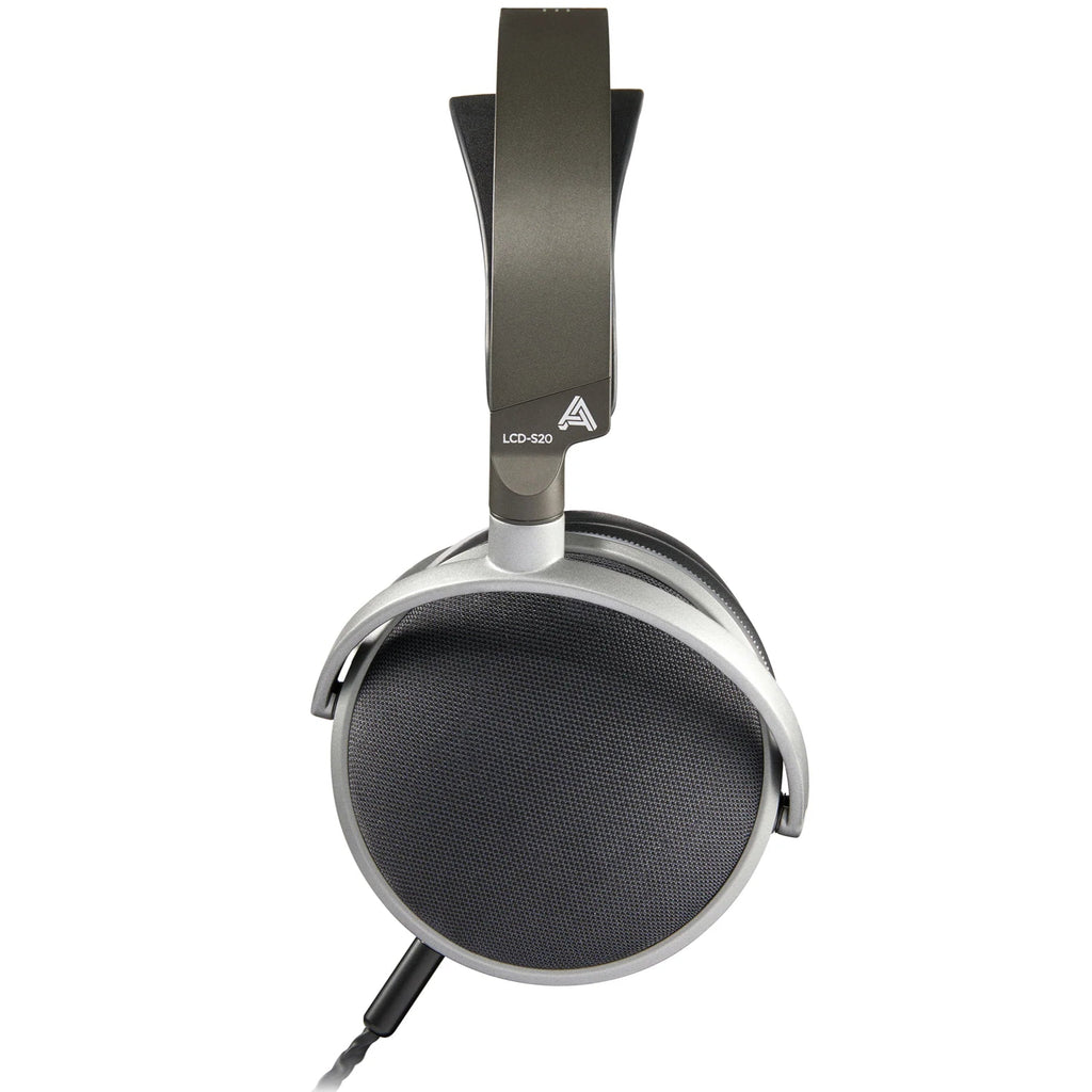 Audeze LCD-S20 closed-back planar studio headphones with large ear cups and adjustable headband, designed for professional audio monitoring.