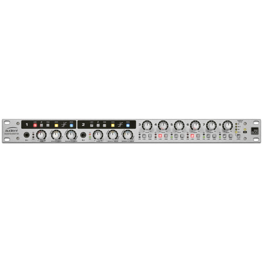Audient ASP800 microphone preamp with multiple input channels and control knobs, professional audio equipment for recording studios.