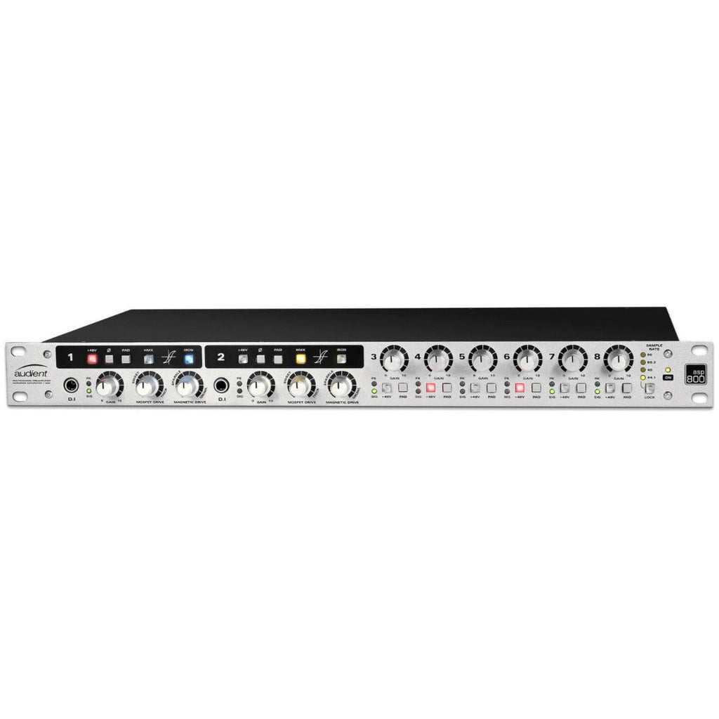 Audient ASP800 microphone preamp with multiple input channels and professional audio interface features.