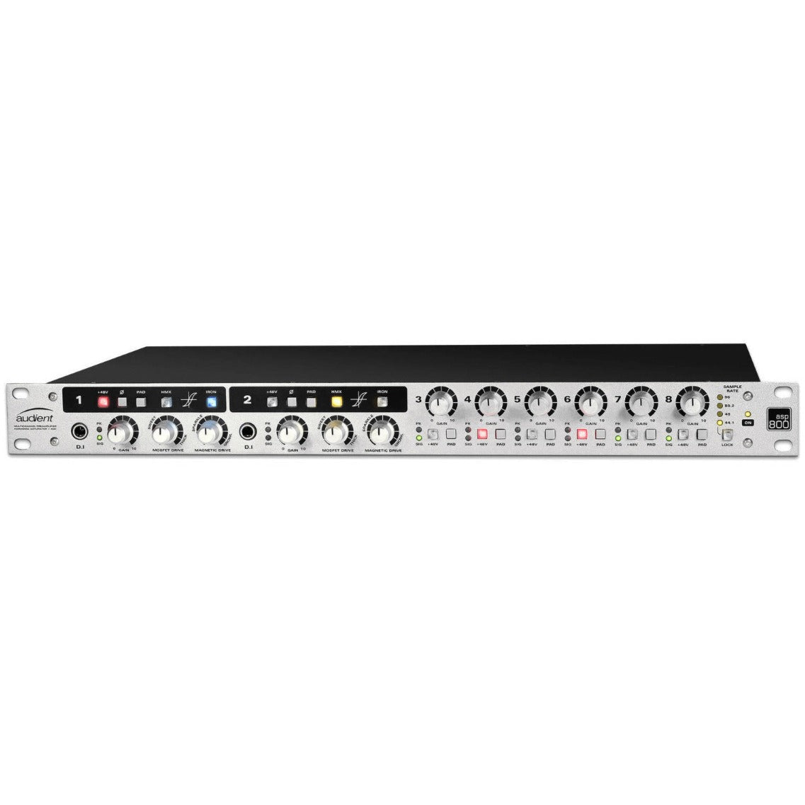 Audient ASP800 microphone preamp with multiple input channels and professional audio interface features.