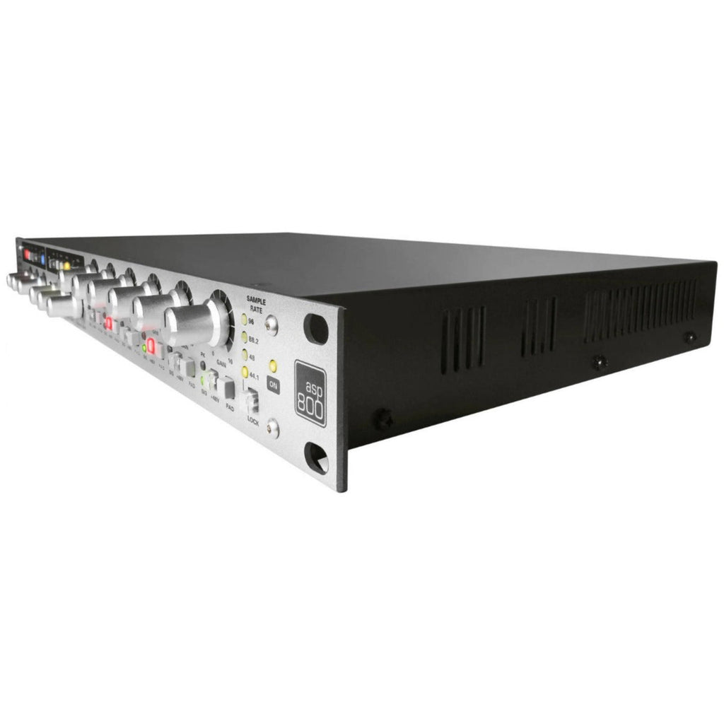 Audient ASP800 microphone preamp with multiple input channels and professional audio controls on a sleek black unit.