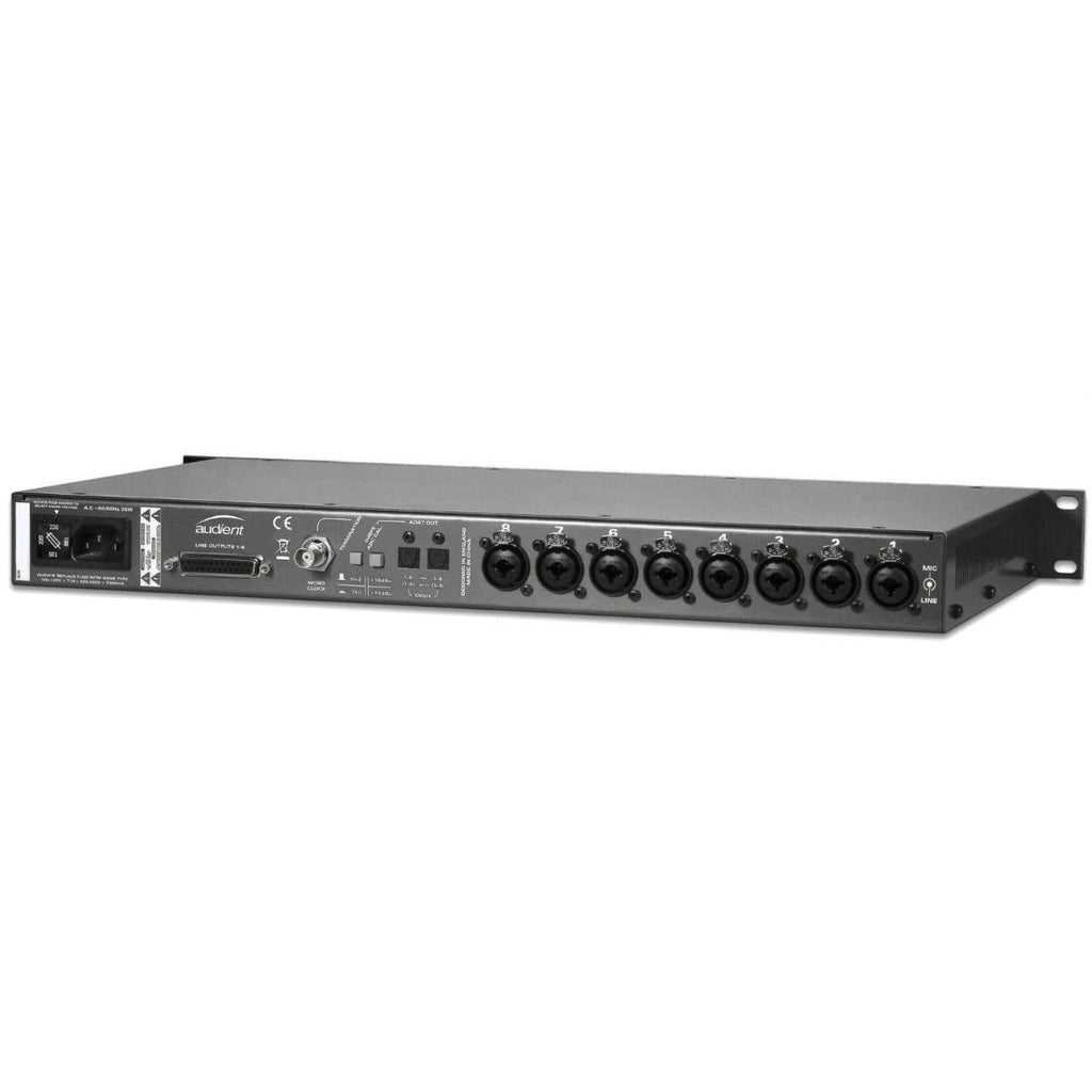 Audient ASP800 microphone preamp with multiple input channels and professional audio controls in a sleek metal chassis