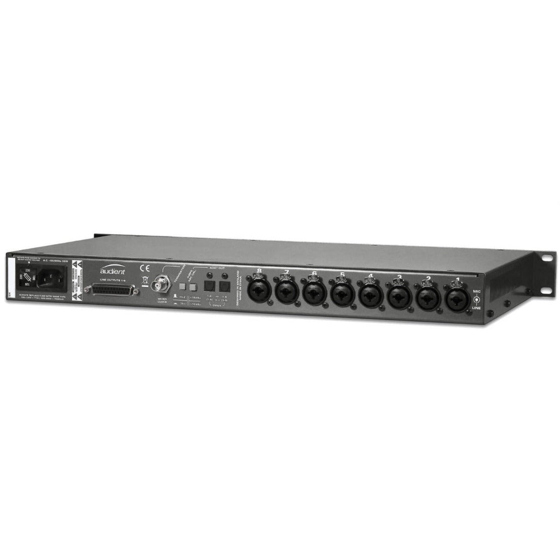 Audient ASP800 microphone preamp with multiple input channels and professional audio controls in a sleek metal chassis