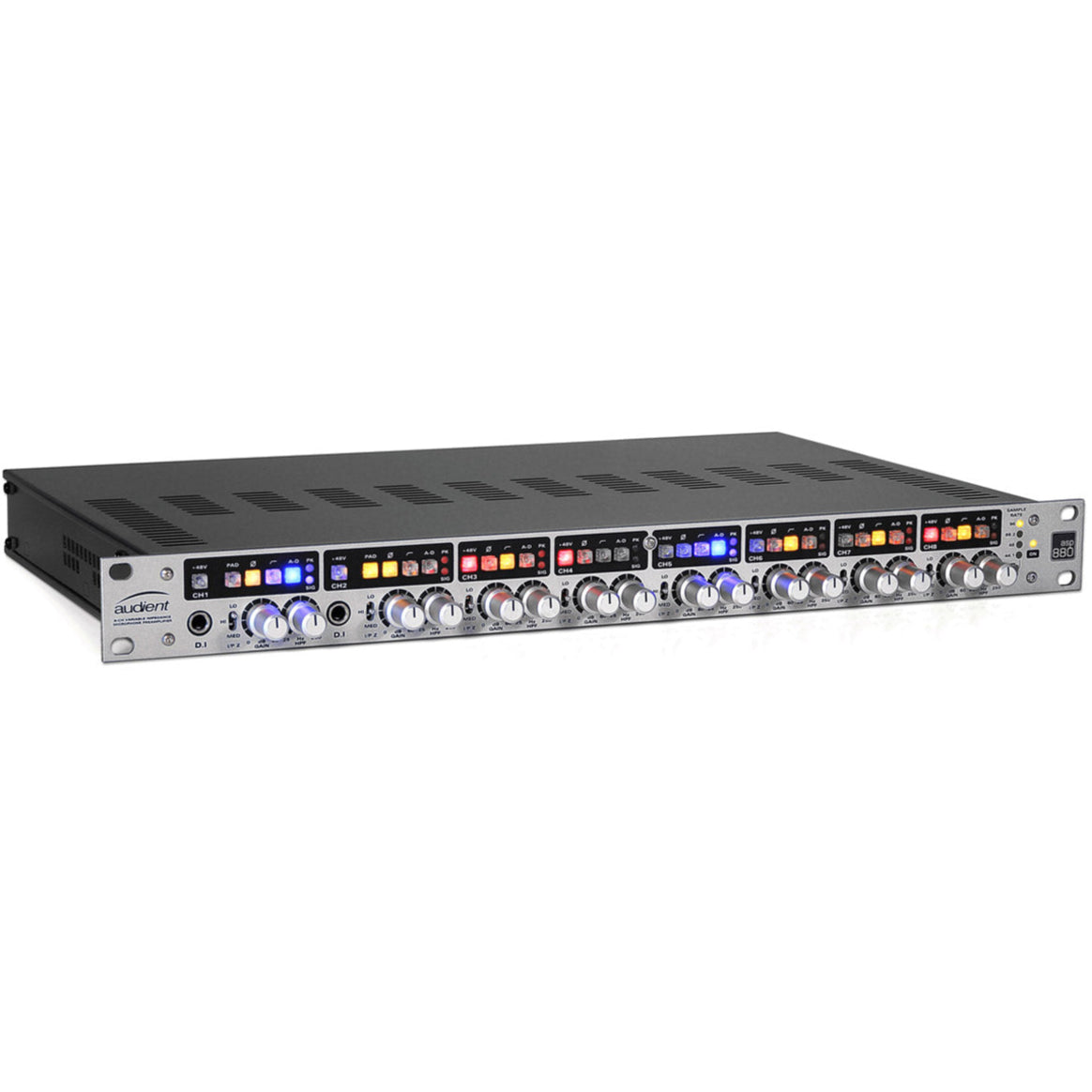 Audient ASP880 microphone preamp unit with multiple input channels and professional audio interface features.