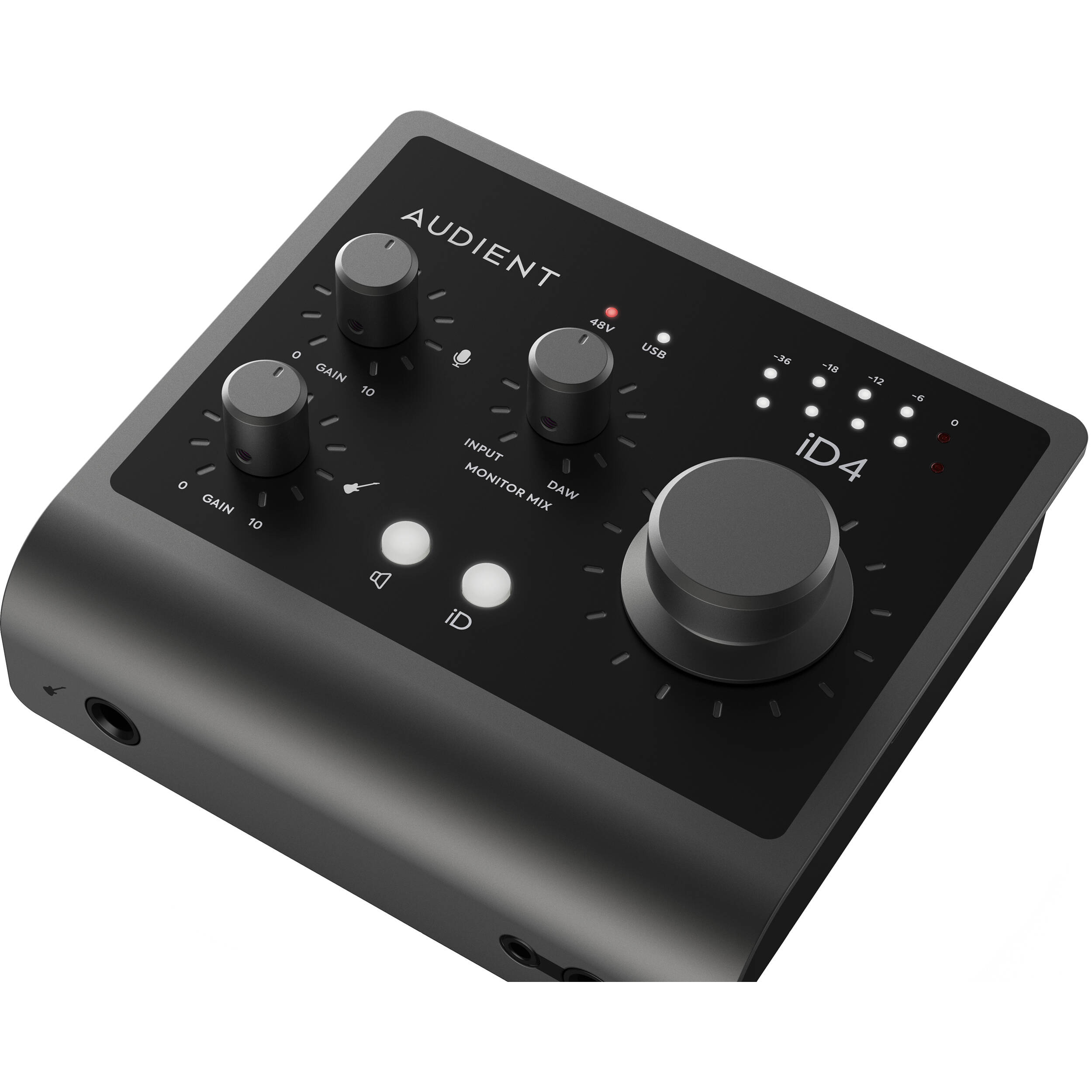 Audient iD4 MK2 USB audio interface, in black, front view