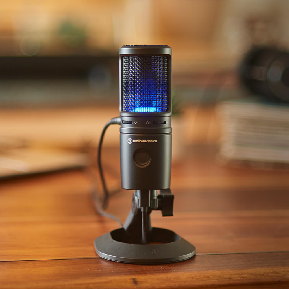 Audio-Technica AT2020USB-X USB condenser microphone, top view, in use