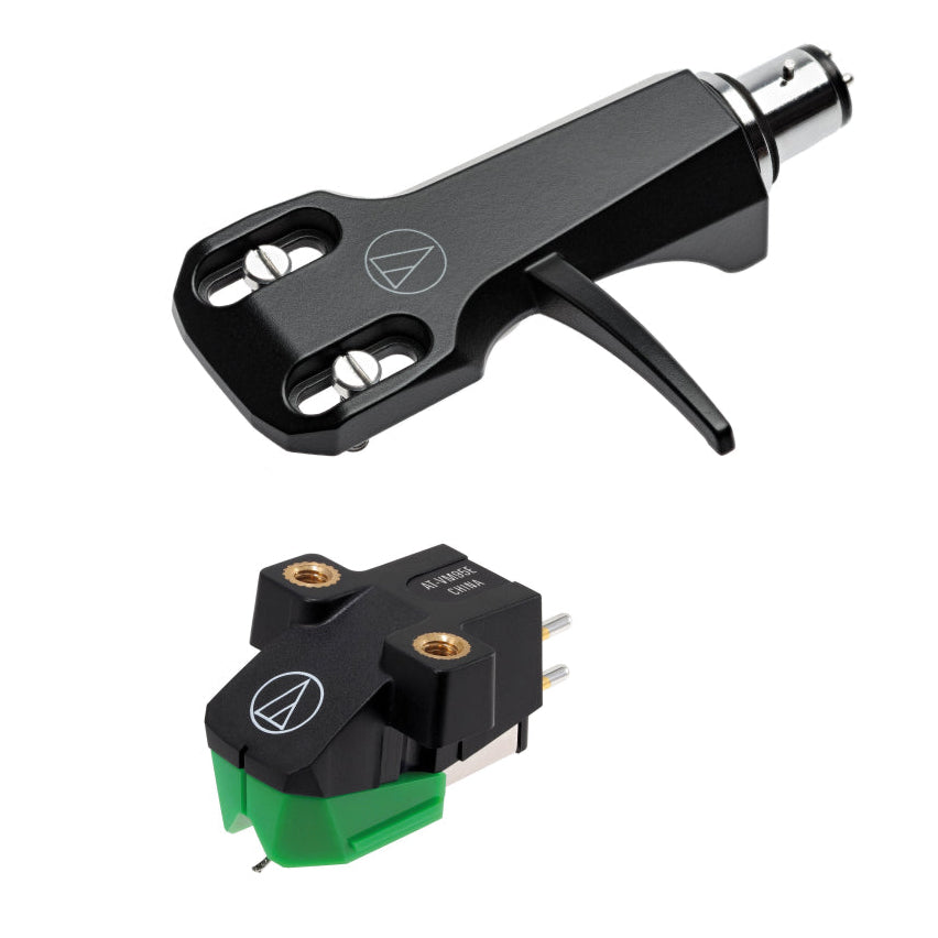 Audio Technica AT-VM95E/H turntable cartridge with headshell, featuring detailed stylus and black body for high-quality vinyl playback.