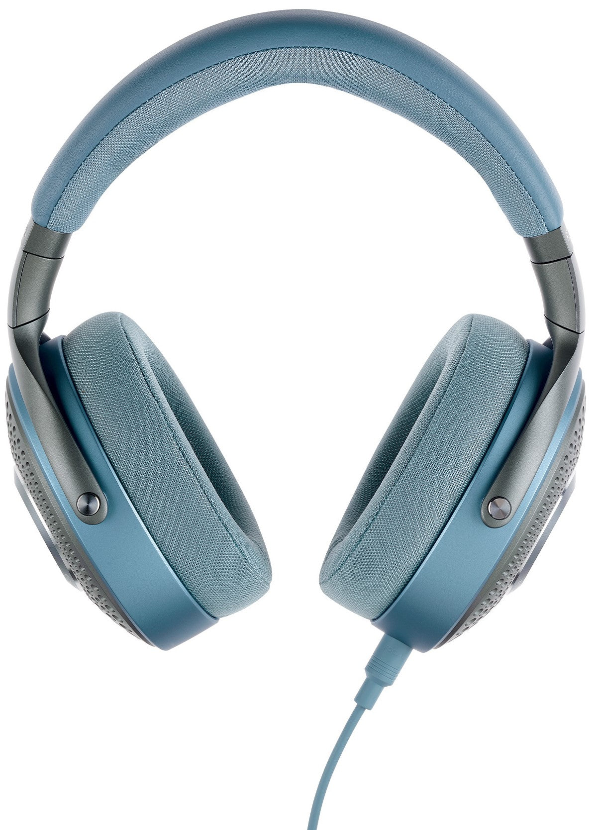 Focal Azurys wired headphones with a sleek blue design and adjustable headband, shown from the front in the image.
