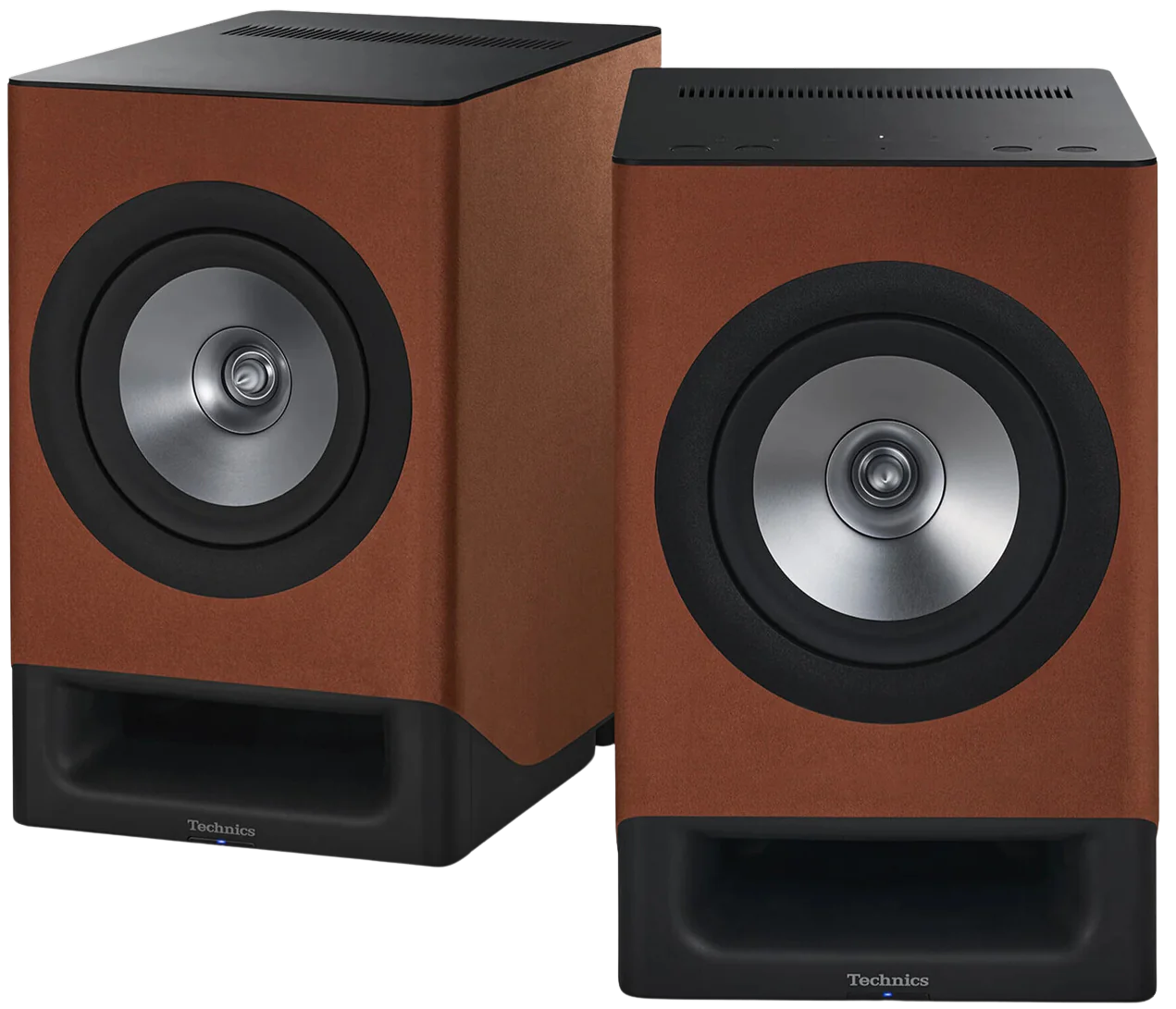 Technics SC-CX700 active bookshelf speakers with sleek black design and modern audio drivers for high-quality sound.
