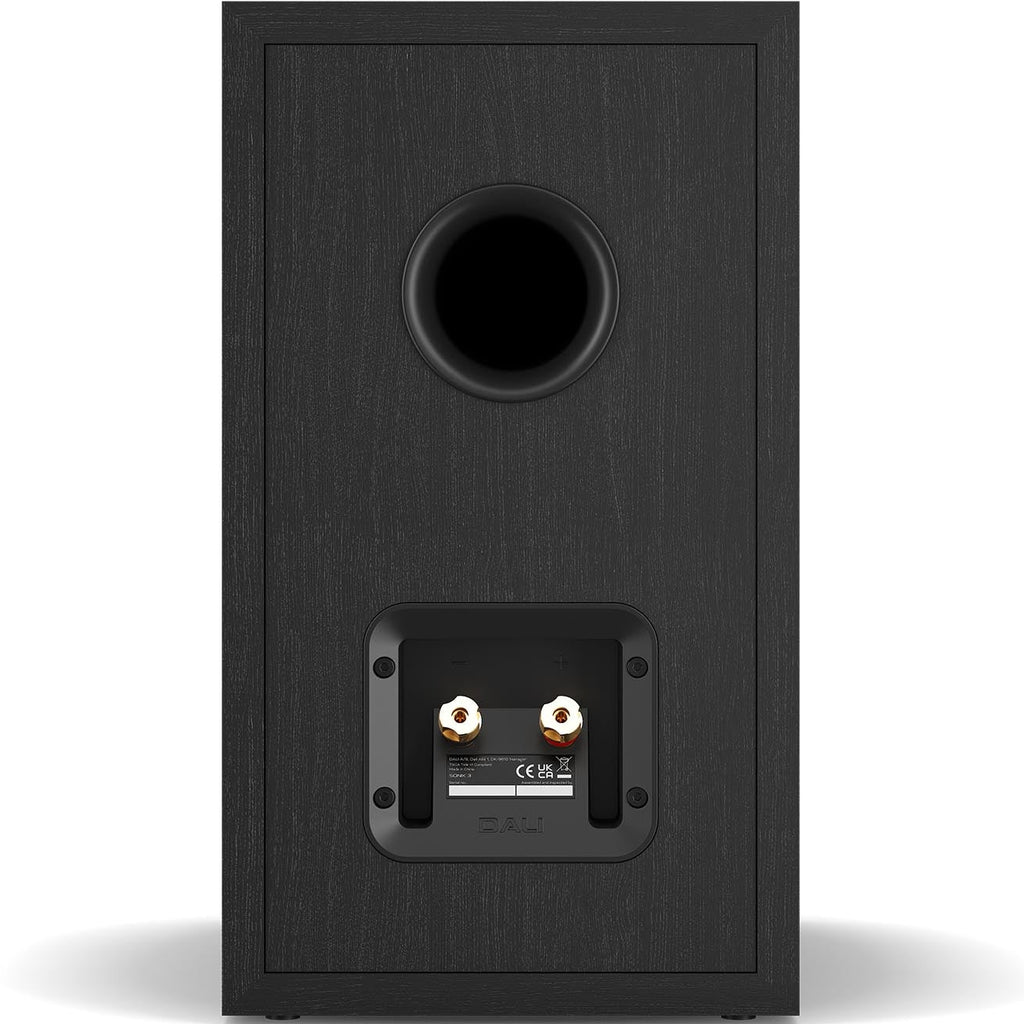 DALI Sonik 3 passive bookshelf speakers with black finish and compact design, featuring dual drivers and sleek front grille.