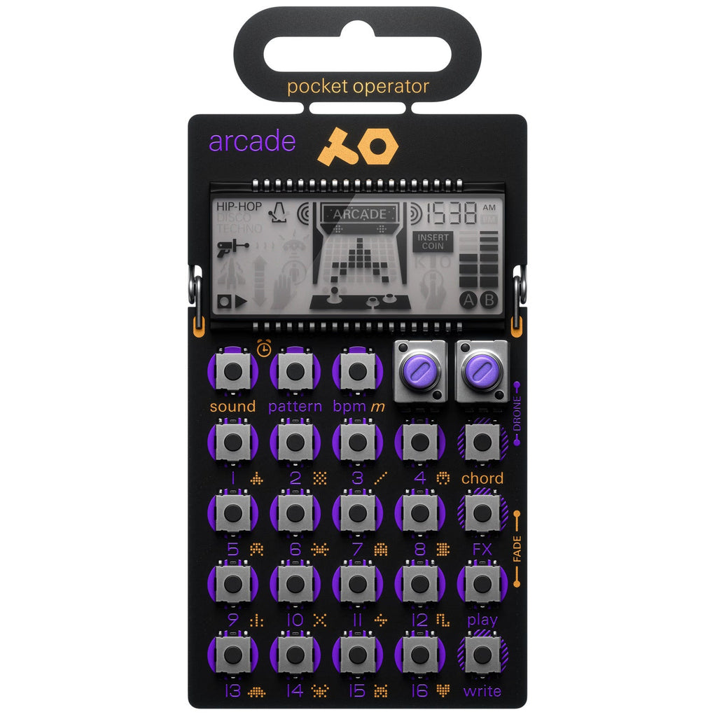 Teenage Engineering PO-20 Arcade gadget with colorful buttons and compact design, showcasing its retro-inspired music production interface.