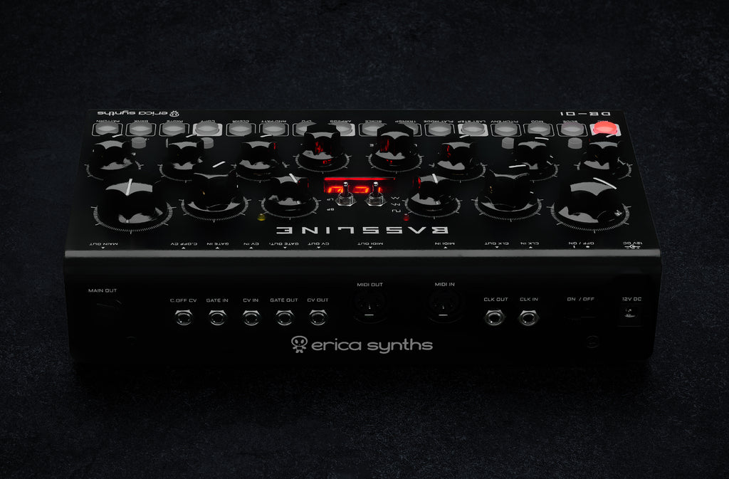 Erica Synths Desktop Bassline DB-01 synthesizer with knobs and patch points, compact desktop design for bass sounds.