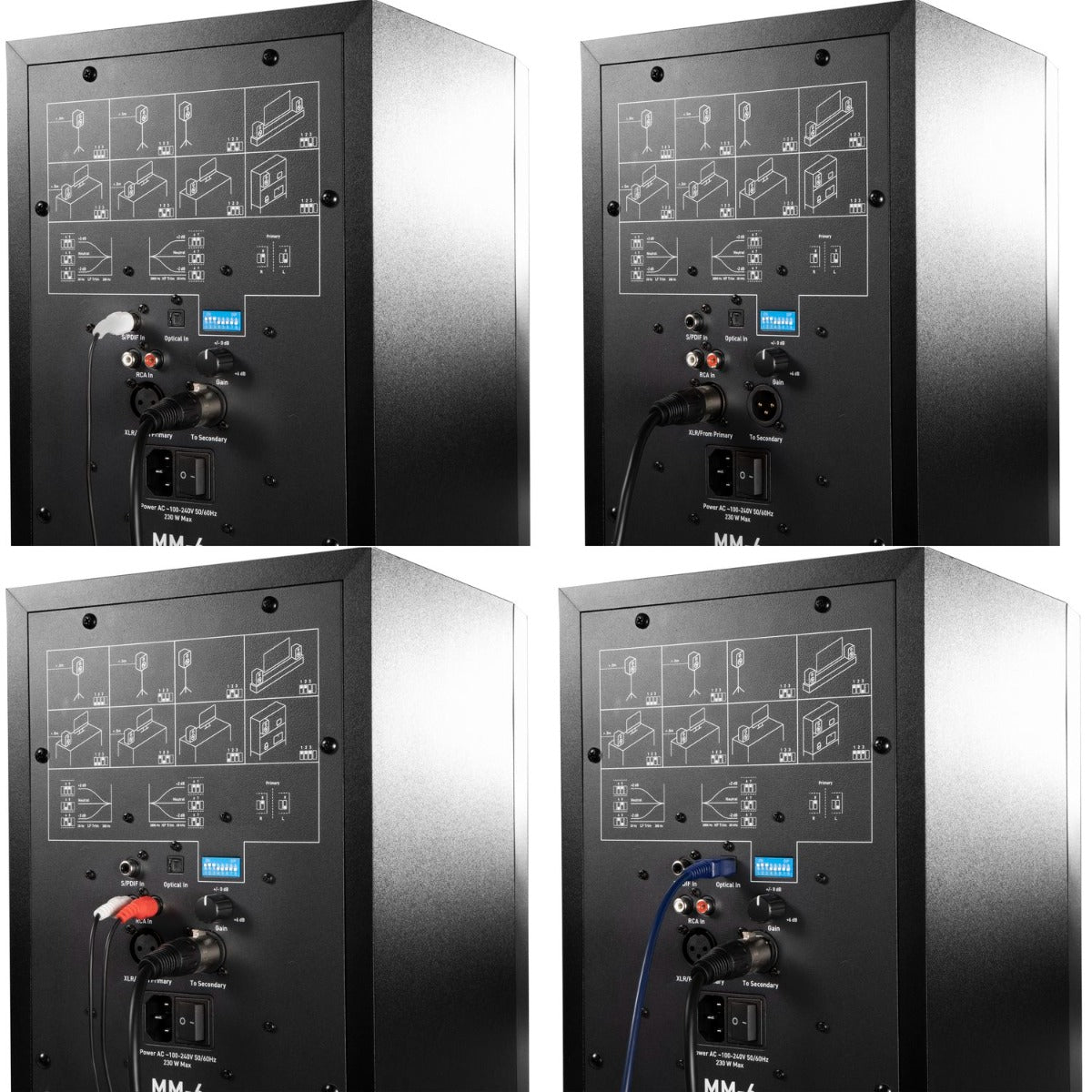 Pair of Kali Audio MM-6 active nearfield monitors shown in a mosaic layout, highlighting their sleek design and front-facing drivers.