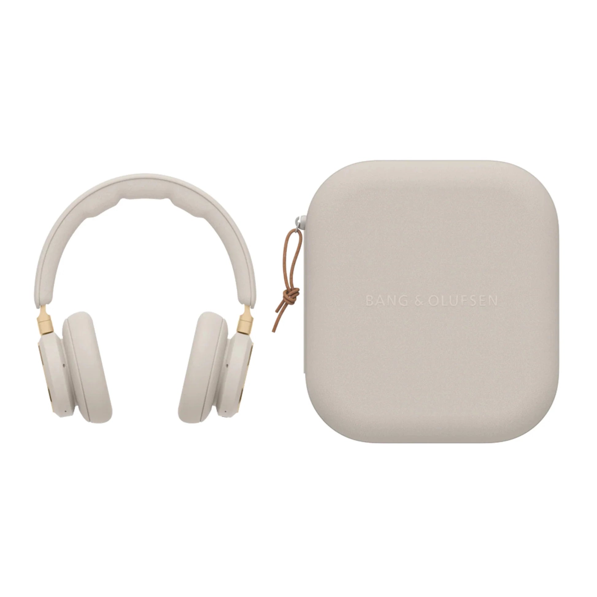 Gold-tone Bang & Olufsen Beoplay HX wireless headphones with carrying case, sleek design and premium audio quality.