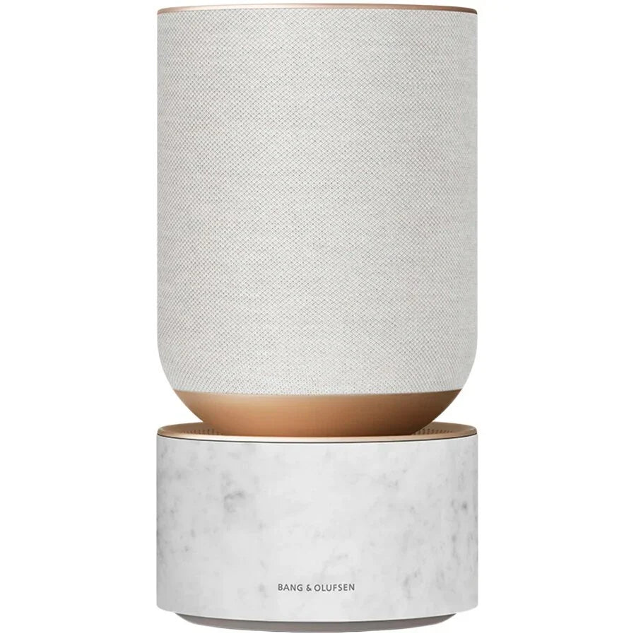 Bang & Olufsen Beosound Balance wireless speaker with white marble finish and flexible design, showcasing modern audio equipment.