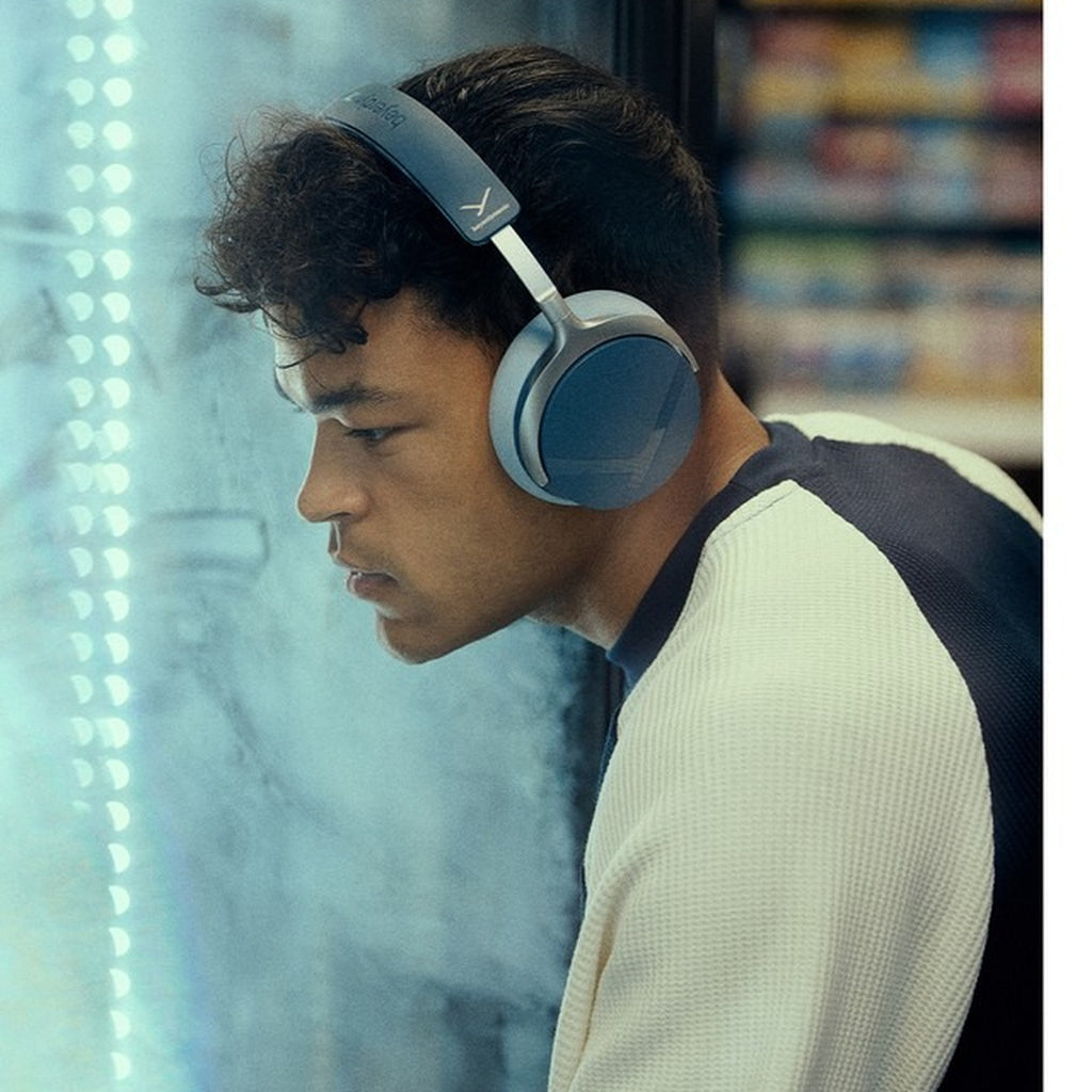 Beyerdynamic Aventho Y in Blue Fusion worn in a shop
