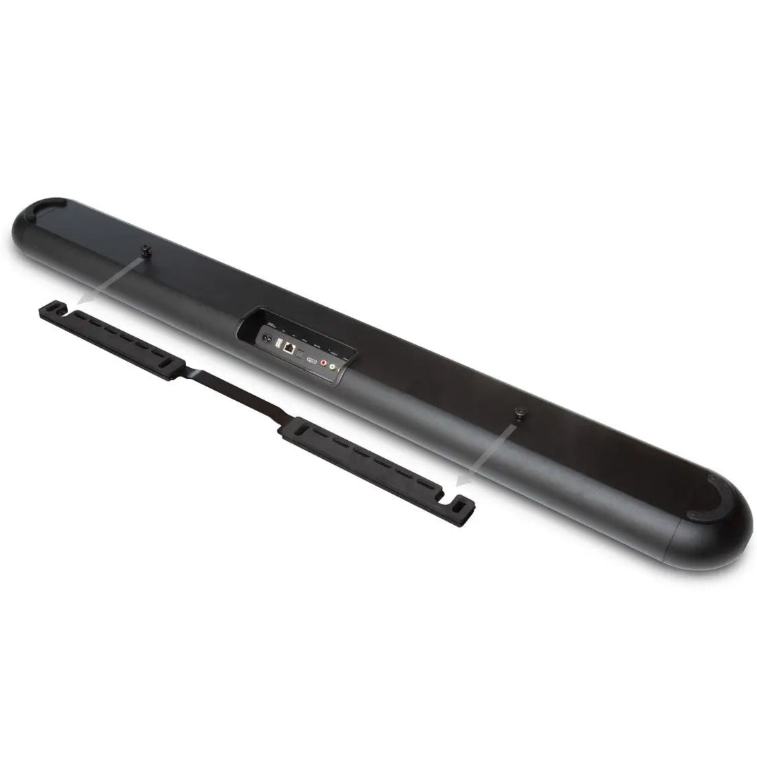 Black Bluesound Pulse Cinema soundbar with wall mount bracket, designed for premium TV audio and home entertainment.