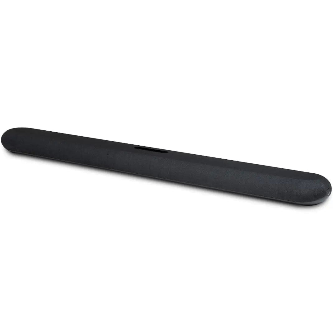 Bluesound Pulse Cinema black soundbar and TV speakers on a tabletop, showcasing sleek design and connection ports.