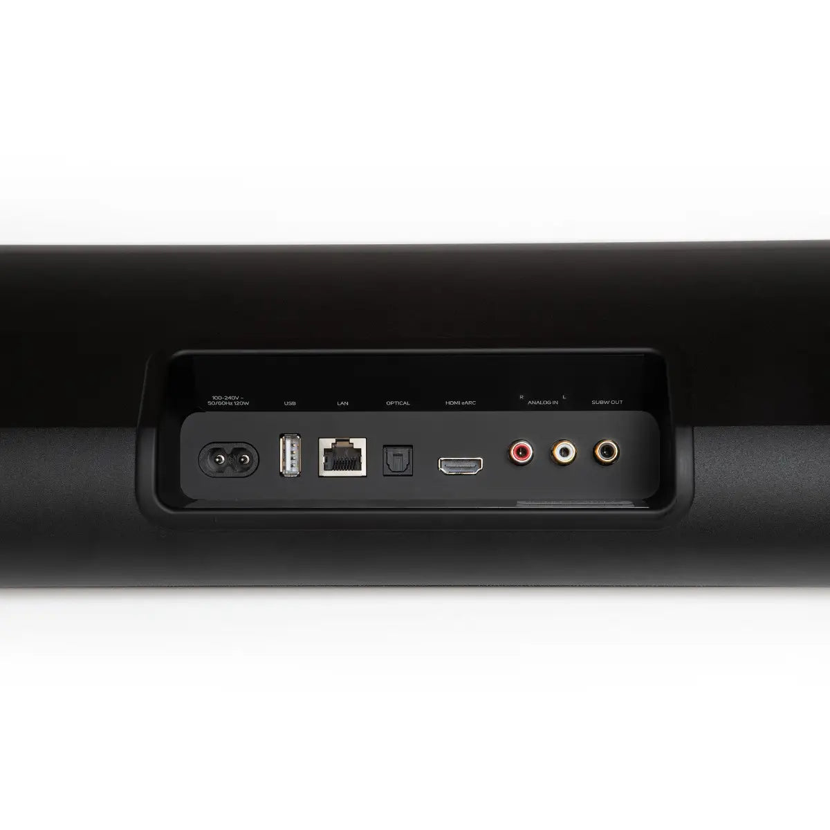 Bluesound Pulse Cinema soundbar with black connection panel, featuring audio ports and sleek TV speaker design.