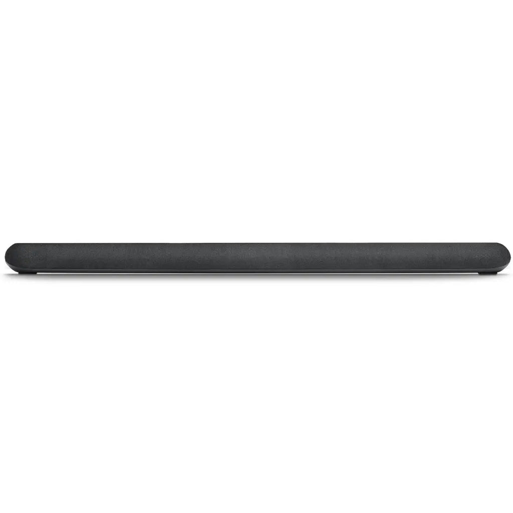Black Bluesound Pulse Cinema soundbar and TV speaker on a table, showcasing sleek design and front-facing speaker grille.