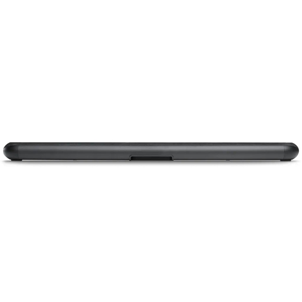 Black Bluesound Pulse Cinema soundbar with rear speakers on a tabletop, showcasing a sleek home theater setup.