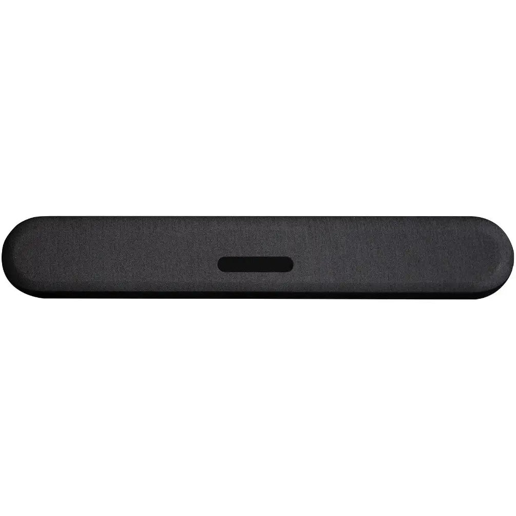 Bluesound Pulse Cinema Mini soundbar in black, placed on a tabletop, showcasing its sleek design and compact TV speaker setup.