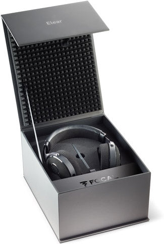Focal Elear high-fidelity headphones with sleek design, displayed inside a decorative box, showcasing premium audio quality.