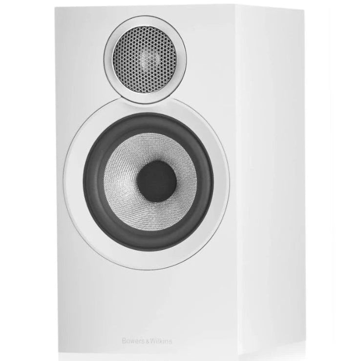 Bowers & Wilkins 607 S3 passive bookshelf speaker in white, showcasing its compact design and speaker grille.