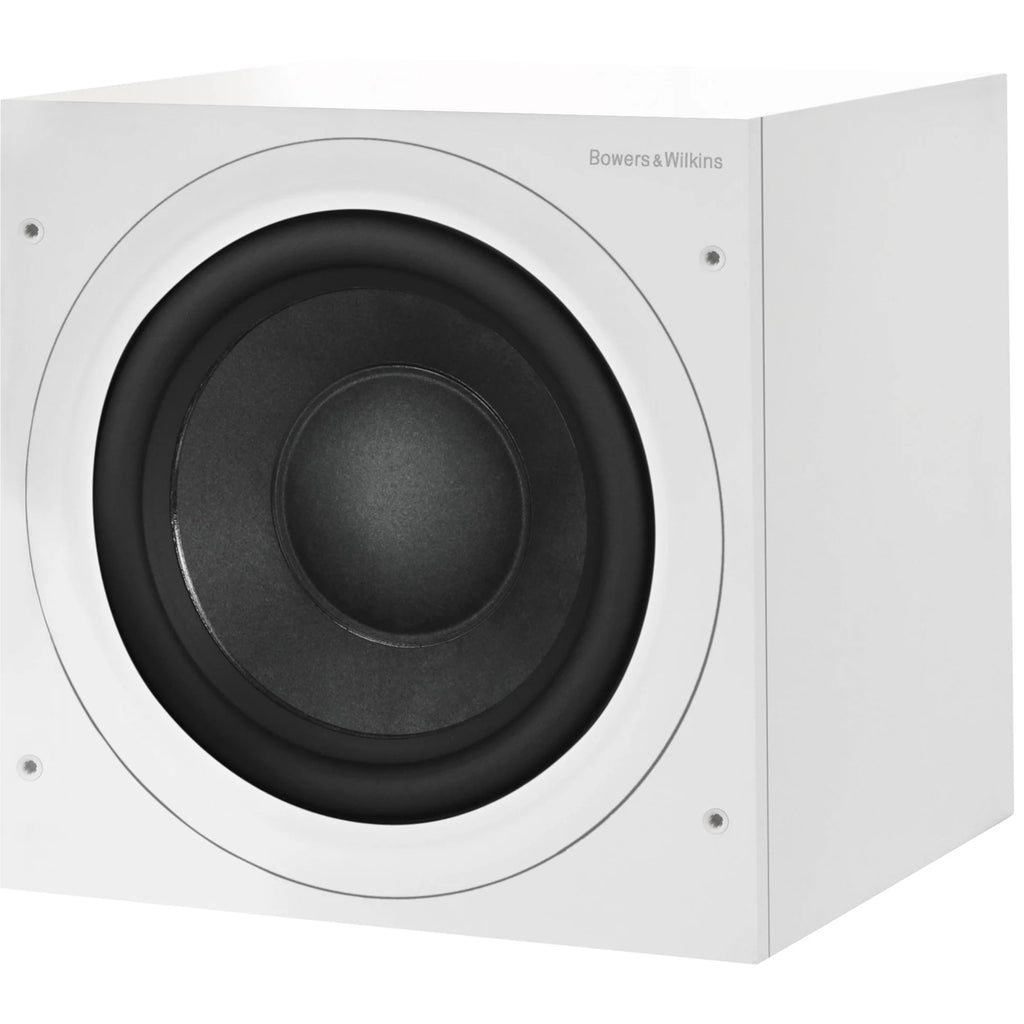 Bowers & Wilkins ASW608 subwoofer, angled view in matte white