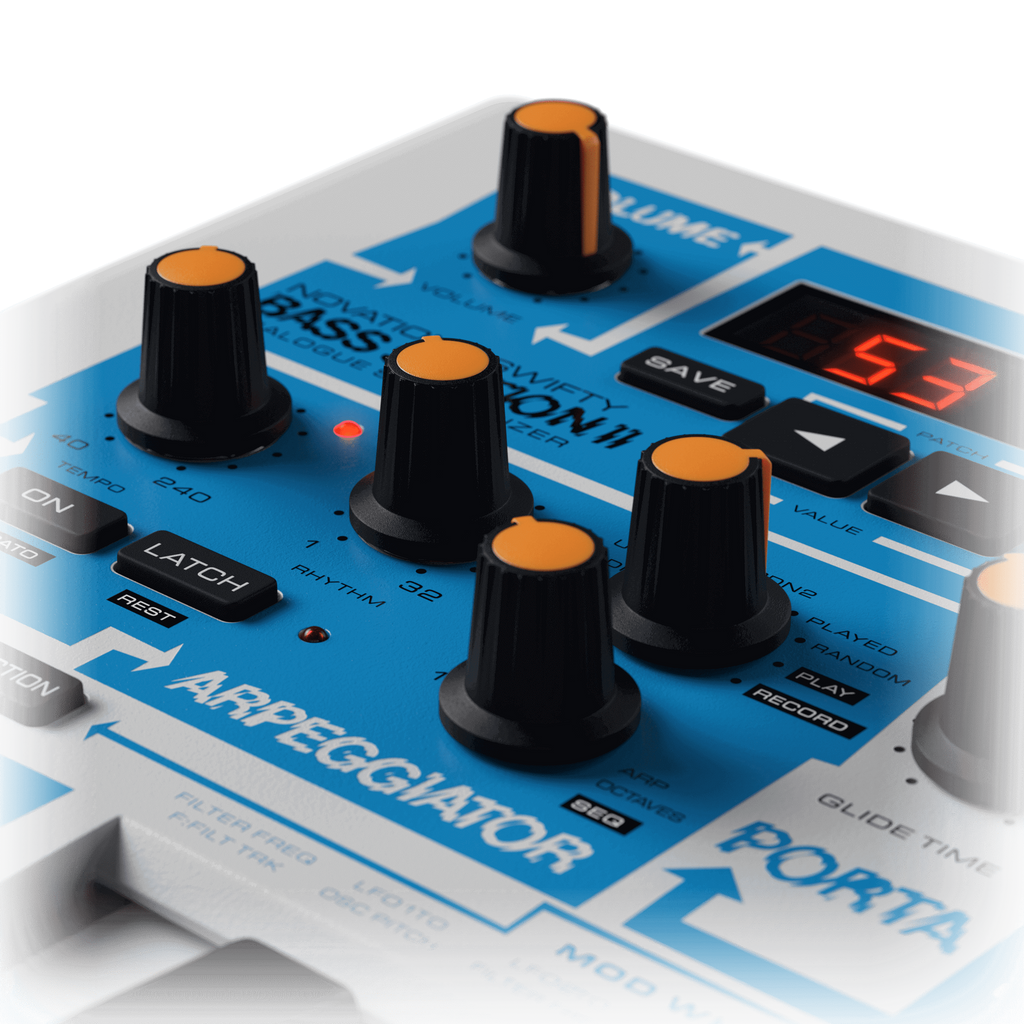 Novation Bass Station II Swifty Edition synthesizer with control knobs and keyboard layout, ready for music production.