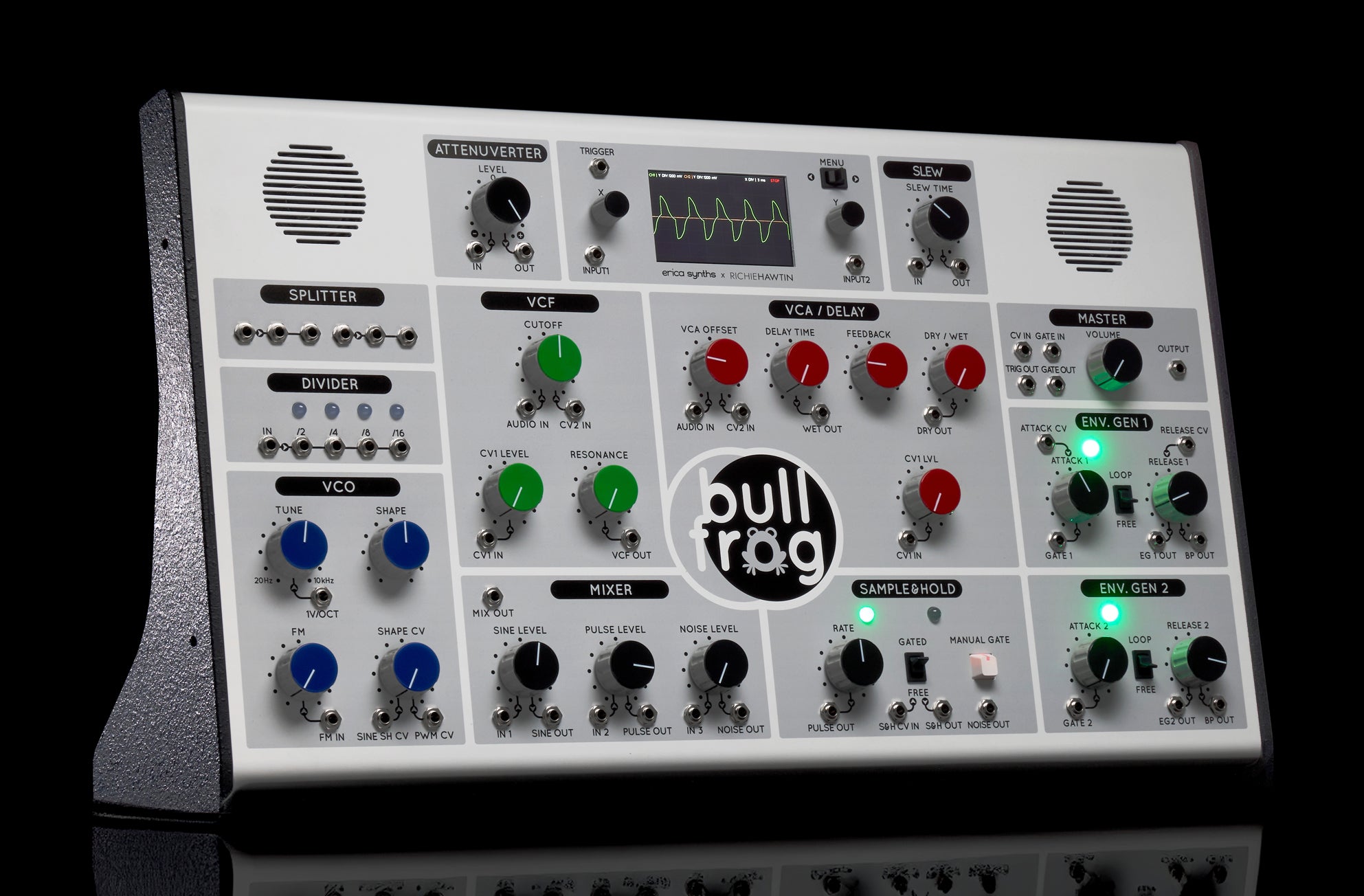 Erica Synths Bullfrog XL desktop synthesizer with multiple knobs, patch points, and a compact black design.