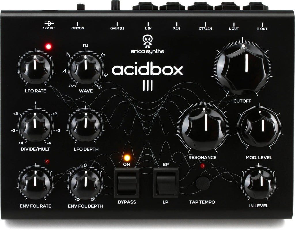Erica Synths Acidbox III effects pedal with colorful knobs and input/output jacks, designed for sound modulation and synthesis.