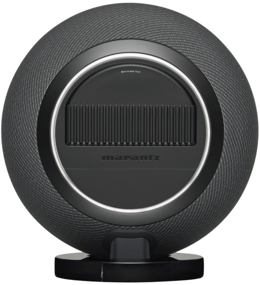 Marantz Horizon wireless speaker with sleek black design and compact shape, featuring control buttons on top.