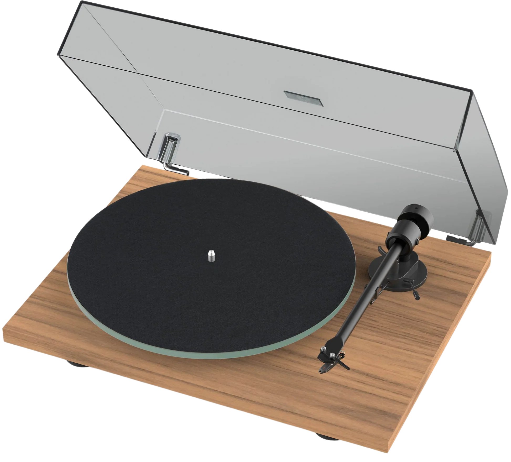 Pro-Ject T1 EVO turntable with sleek wooden plinth, tonearm and platter, showcasing modern audio equipment design.