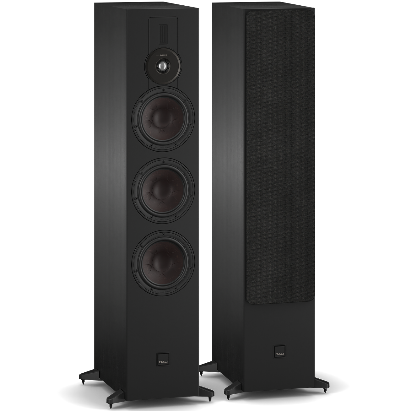 DALI Sonik 9 passive floorstanding speakers with sleek black cabinets and dual drivers, designed for high-quality home audio.